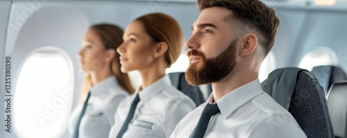 Airline crew performing a safety demonstration inside a modern airplane cabin, professional service