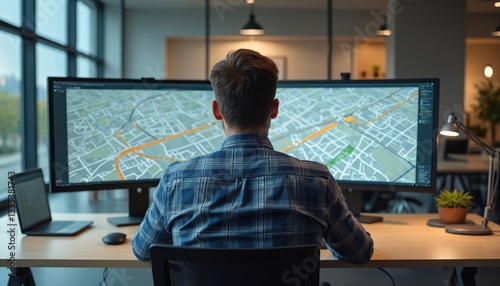 Man designs transportation routes at desk in modern office, focused on two large screens displaying city map. Well-lit workspace. Logistics, transport infrastructure planning for urban traffic © miss irine