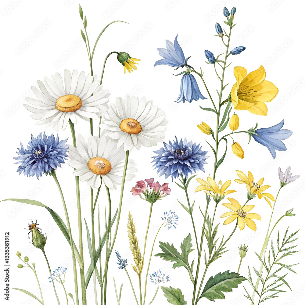 Fototapeta premium Set beautiful wildflowers isolated background drawn in watercolor. Chamomiles, cornflowers, bells and rapeseed