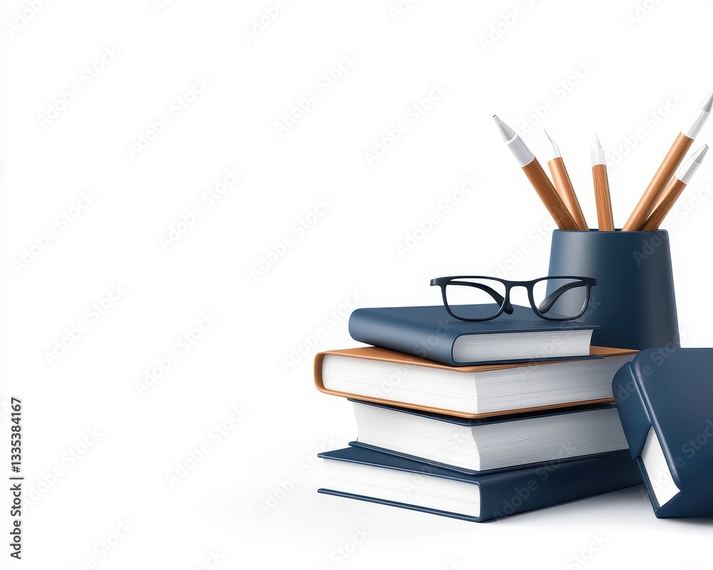 Stack of Navy Blue Books with Pencils and Glasses on White Background Stack of Navy Blue Books with Pencils and Glasses on White Background