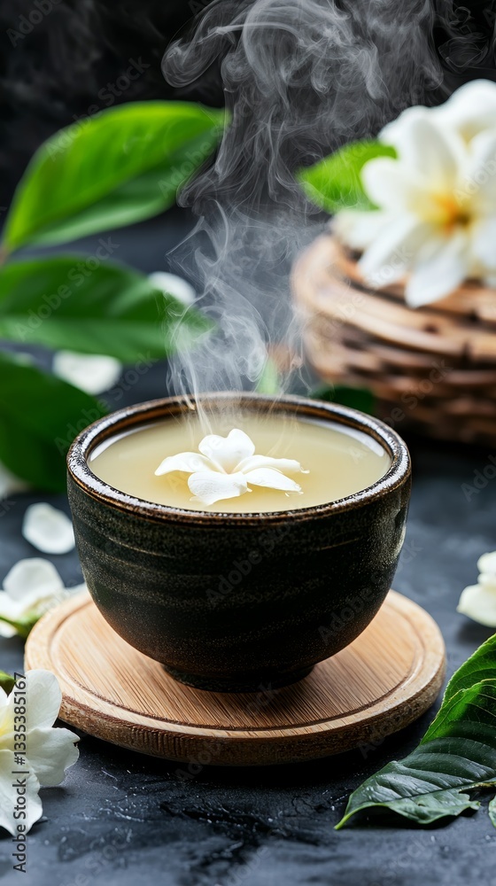 Steaming Jasmine Tea in Dark Bowl with White Flowers Steaming Jasmine Tea in Dark Bowl with White Flowers