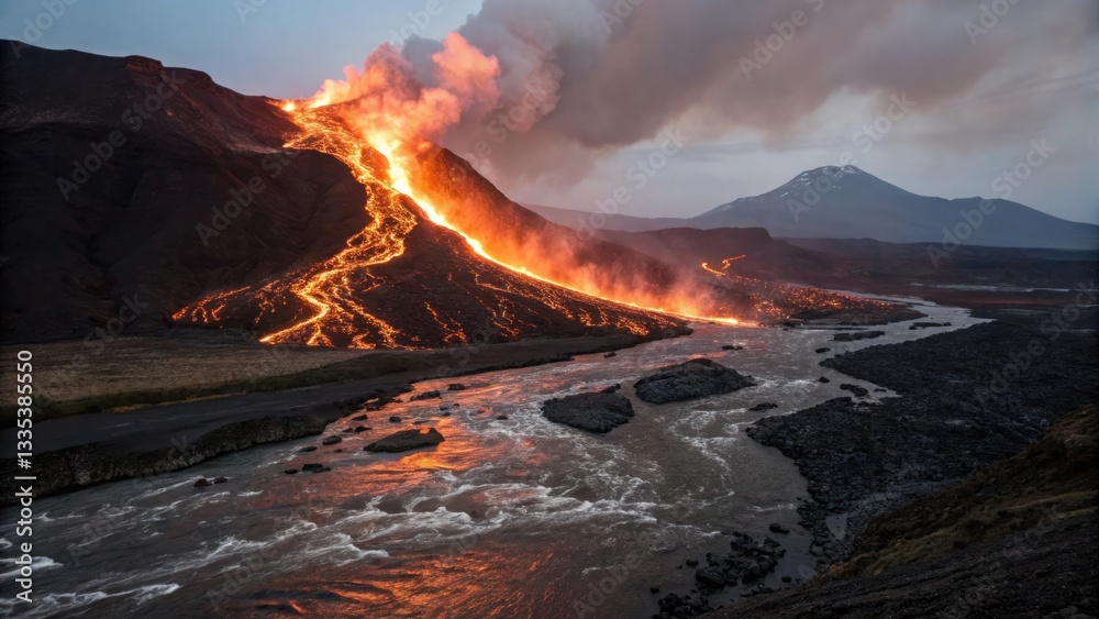 Fototapeta premium Fiery Volcano Erupting Lava Flows into River, a powerful display of nature's force. The red-hot lava cascades down the mountainside, while steam and smoke rise into the sky.