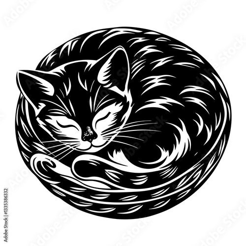 a peacefully sleeping cat curled up in a circle, the cat's black fur with intricate patterns