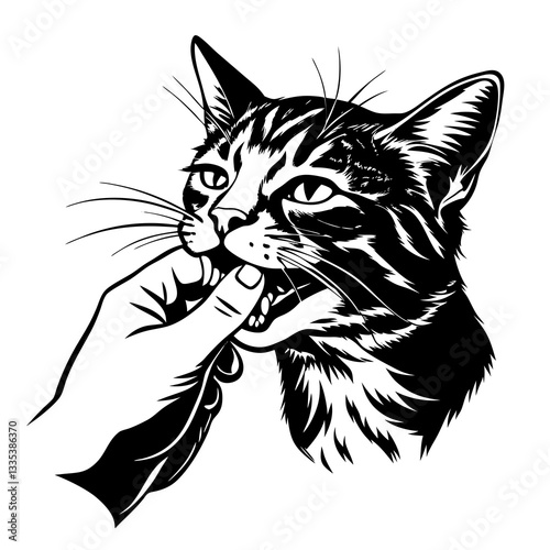 A cat biting a hand in an illustrated style