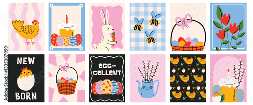 Set of Easter Posters in Abstract 90s Retro Style. Spring Wall Art, Minimalist Vector Designs with Rabbits and Eggs. Hand Drawn Doodle Style Posters Easter Theme