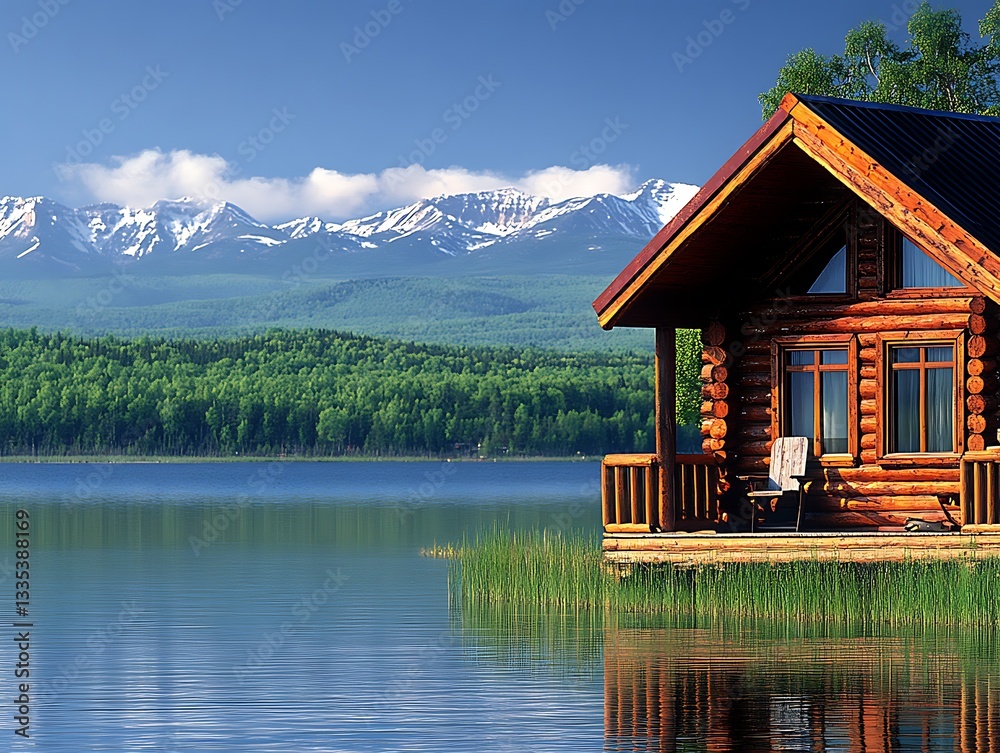 Naklejka premium A cozy log cabin sits on a lake near snowy mountains