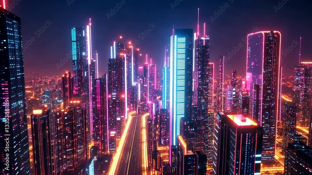 Vibrant Futuristic Cityscape Illuminated by Neon Lights and Towering Skyscrapers at Night, Showcasing Modern Architecture and Technology in Cyberpunk Atmosphere with Glowing Streets and Vivid Colors Vibrant Futuristic Cityscape Illuminated by Neon Lights and Towering Skyscrapers at Night, Showcasing Modern Architecture and Technology in Cyberpunk Atmosphere with Glowing Streets and Vivid Colors