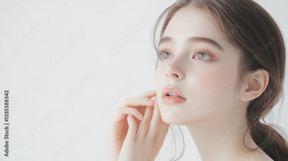 A young woman gazes upwards with gentle and soft features A young woman gazes upwards with gentle and soft features