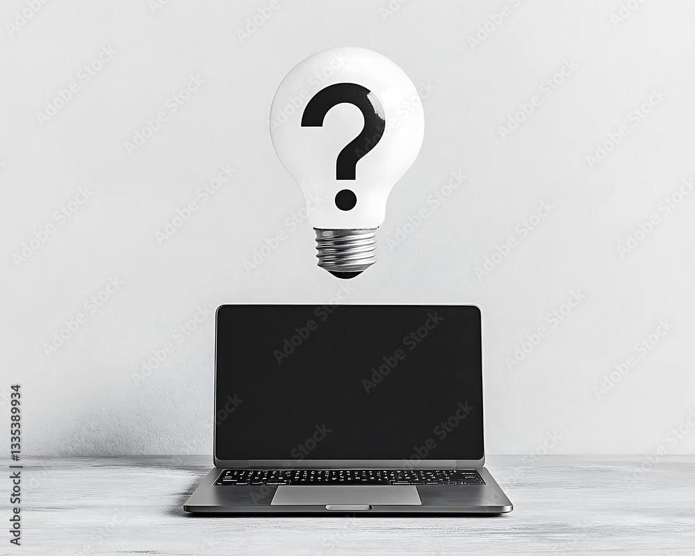 A Laptop Beneath A Floating Lightbulb With A Question Mark A Laptop Beneath A Floating Lightbulb With A Question Mark