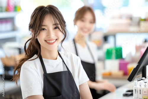 A cheerful young woman wearing an apron smiles brightly while working at a service counter. Another employee is visible in the background, creating a friendly atmosphere. Free Download A cheerful young woman wearing an apron smiles brightly while working at a service counter. Another employee is visible in the background, creating a friendly atmosphere. - GFXLoad