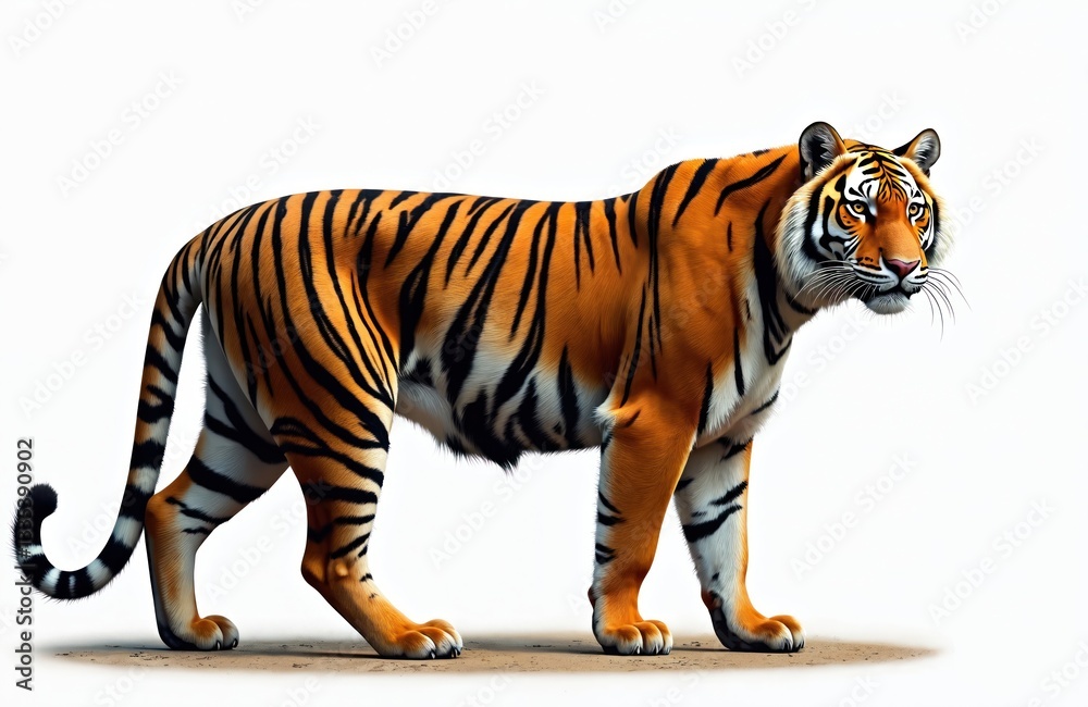Obraz premium Side view of tiger with orange fur, black stripes on clean white background. Wild cat walks gracefully, looks at camera. Bengal tiger predator hunts mammal animal.