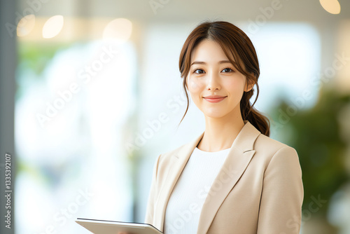 A confident businesswoman smiles while holding a tablet in a modern office setting. Her professional attire and approachable demeanor highlight her expertise and leadership skills.