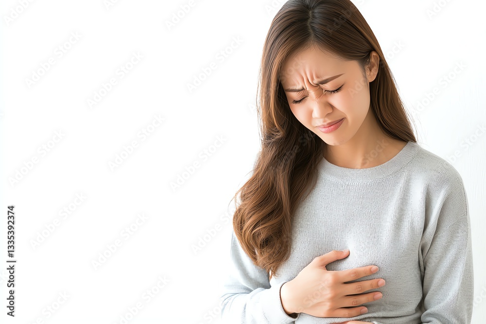 A young woman appears distressed, holding her stomach in discomfort. Her expression reflects pain or unease, suggesting a moment of vulnerability and emotional struggle. A young woman appears distressed, holding her stomach in discomfort. Her expression reflects pain or unease, suggesting a moment of vulnerability and emotional struggle.