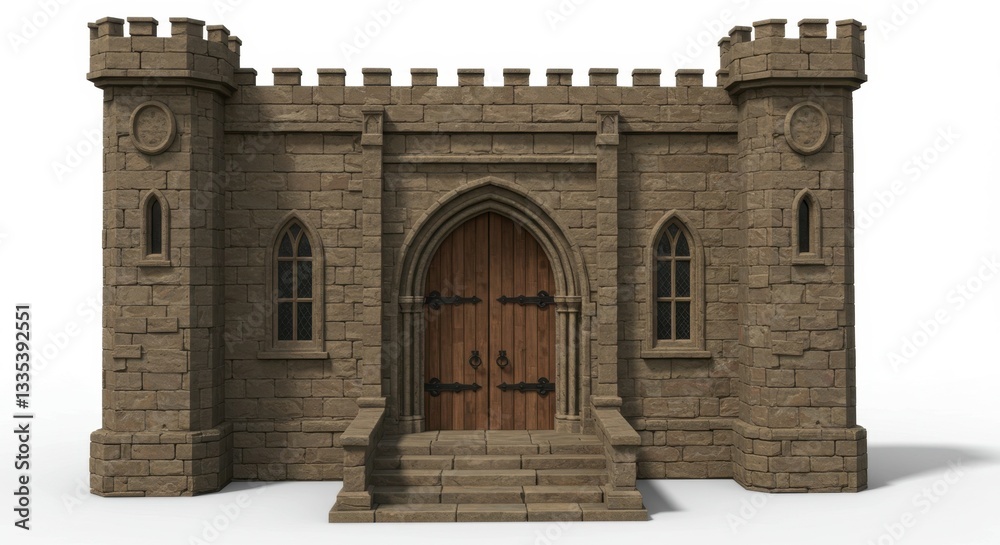Fototapeta premium Low-Poly Medieval Stone Building with Entrance and Two Doors