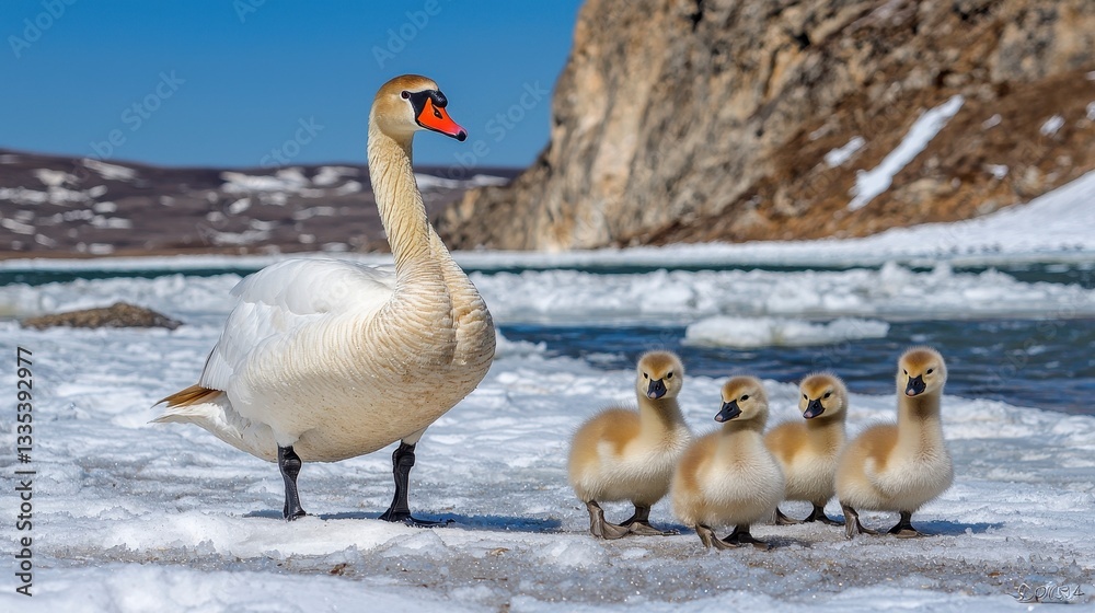 Fototapeta premium White Swan and Cygnets on Snowy Lakeshore with Icy Water
