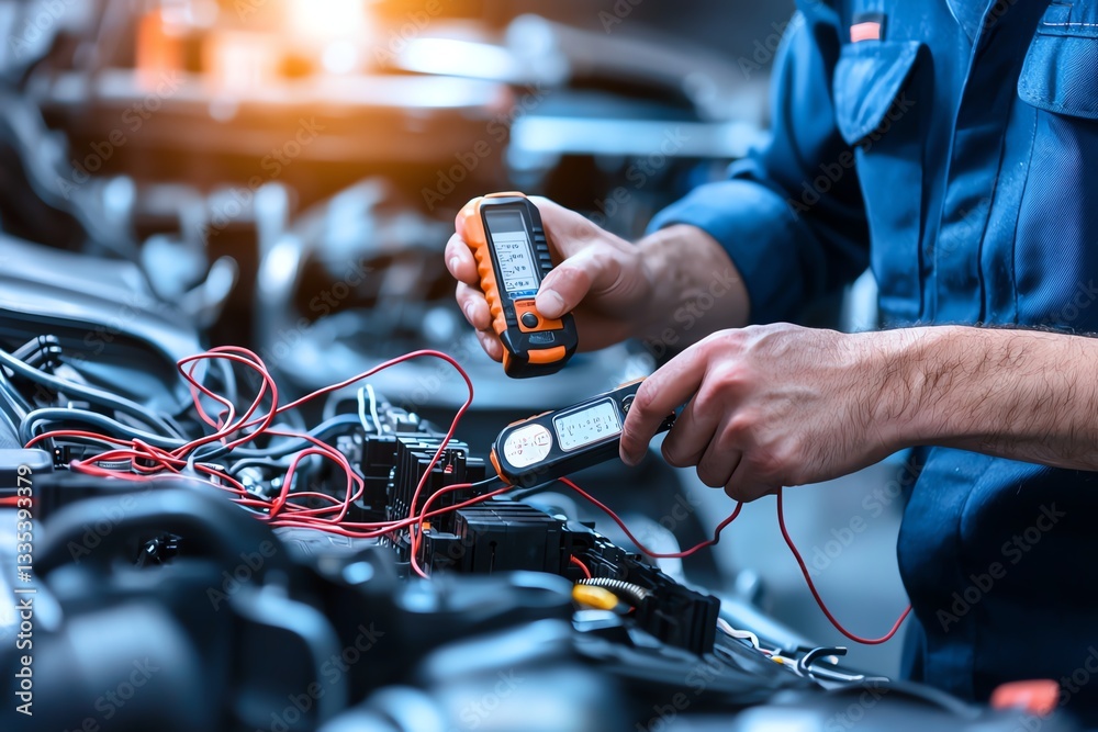 A skilled technician uses a multimeter to test electrical connections in a vehicle's engine, showcasing precision and expertise in automotive diagnostics and repair.