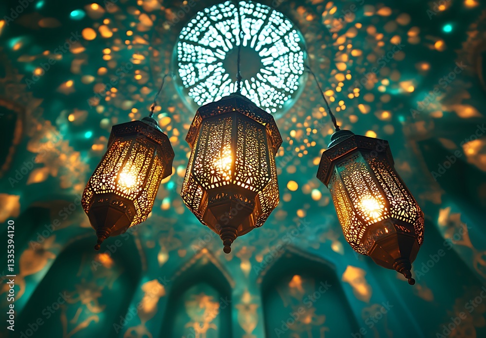 Obraz premium Ornate Hanging Lanterns Casting Warm Glow from an Intricately Designed Ceiling