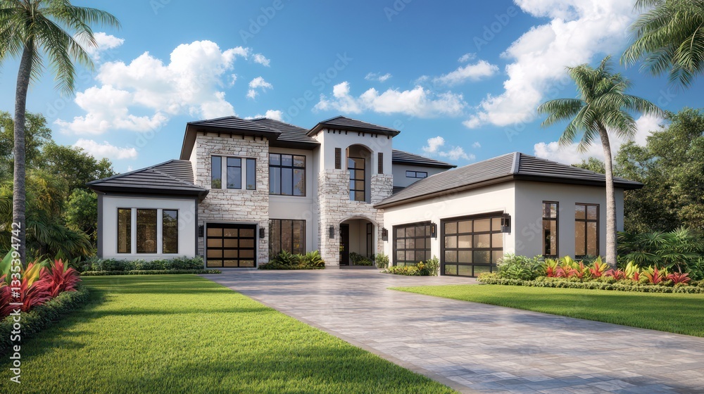 A modern home with fine stucco and stone finishes, large windows filling the home with natural light A modern home with fine stucco and stone finishes, large windows filling the home with natural light