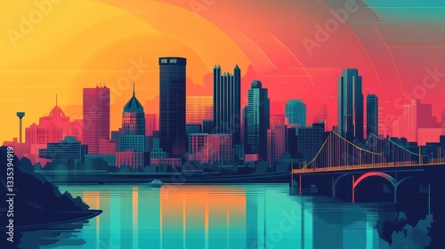 Vibrant Pittsburgh Skyline at Sunset A Stylized Cityscape Illustration