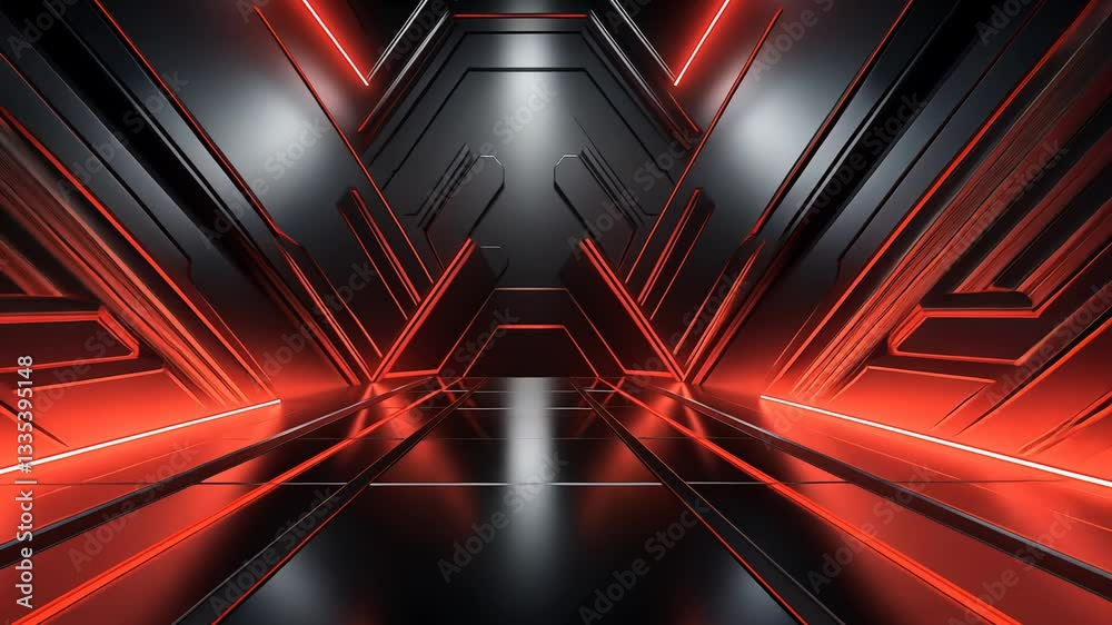 Futuristic, dark, metallic tunnel with vibrant red neon lights