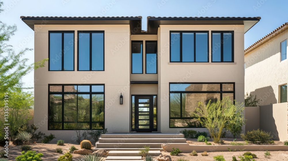 A modern home with two stories, large windows framed in black, and beige stucco walls accented by concrete elements A modern home with two stories, large windows framed in black, and beige stucco walls accented by concrete elements