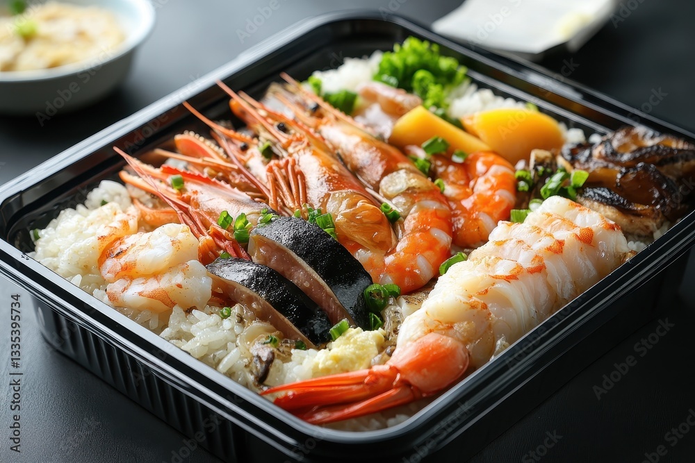 Takeout gourmet image of mixed raw seafood over rice in a plastic container Takeout gourmet image of mixed raw seafood over rice in a plastic container
