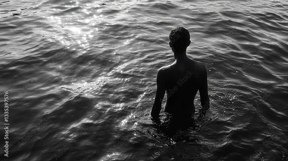 Fototapeta premium Person wading in water serene water reflection black and white photography calm environment side view contemplation