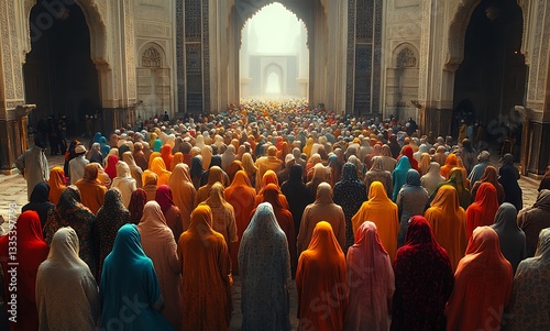 Large Gathering in Vibrant Shawls Standing Before Grand Archway in Serene Scene

