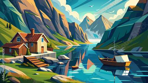 remote Nordic fjord with sheer cliffs, emerald waters, a small fishing village, and a lone wooden boat floating on the calm surface.