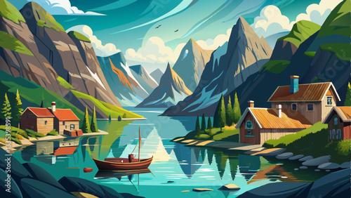 remote Nordic fjord with sheer cliffs, emerald waters, a small fishing village, and a lone wooden boat floating on the calm surface.