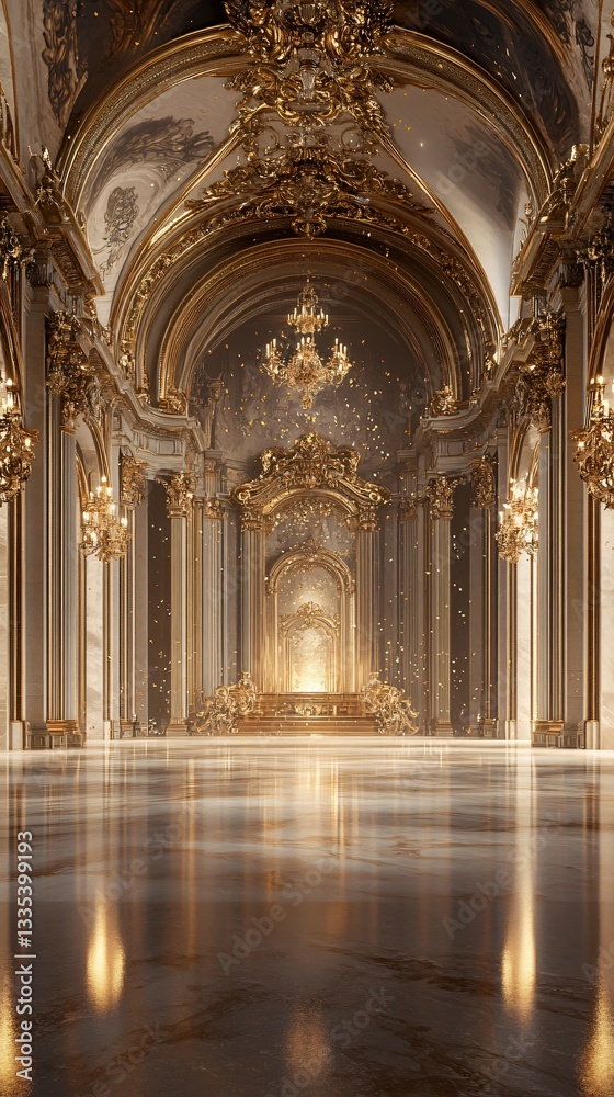 Fototapeta premium Grand Rococo Palace Awards Stage with Ornate Gold Details and Majestic Chandeliers. Copy space. Generative AI 