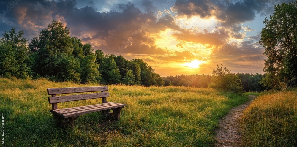 Fototapeta premium Empty bench inviting viewers to enjoy golden sunset over green meadow