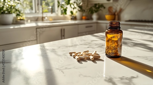 Vitamins spilled from bottle on kitchen counter.