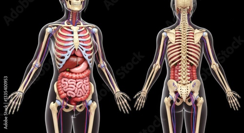 Detailed Illustration of Adult Female Anatomy: Skeleton and Internal Organs