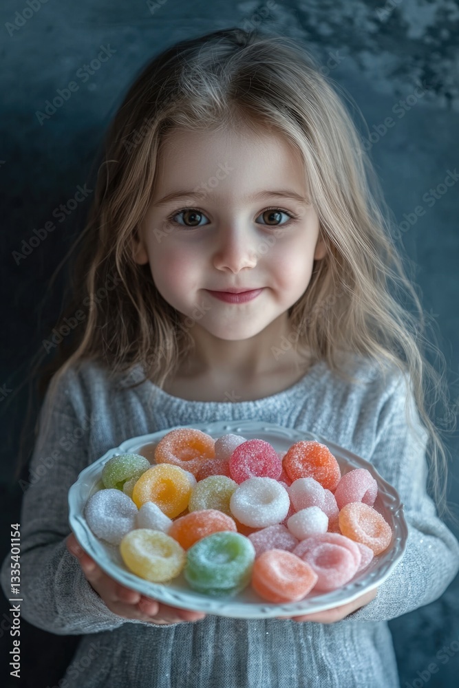 A young girl holds a plate of colorful candies, perfect for parties or special treats A young girl holds a plate of colorful candies, perfect for parties or special treats
