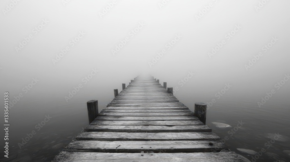 Obraz premium Mysterious foggy pier journey serene lake photograph tranquil environment wide angle nature's embrace