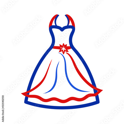 Wedding dress icon with red and blue accents, bridal fashion concept