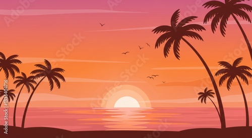 Serene Tropical Sunset with Swaying Palm Trees