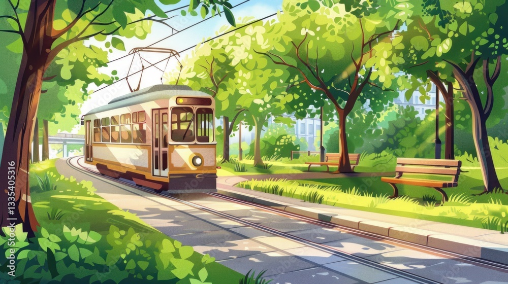 Obraz premium Charming Vintage Tram Amidst Lush Greenery and Serene Park Setting Ideal for Transportation N