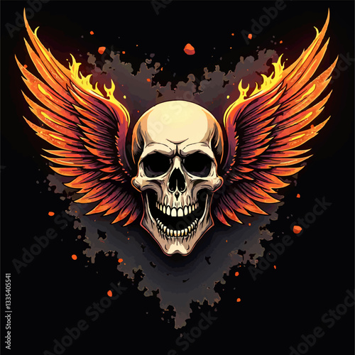 Biker vector t-shirt design with human skull, wings
and fire on black background.
Fashionable print for fabric, paper, men clothing,
hoodie, biker jacket. T shirt template with flame.