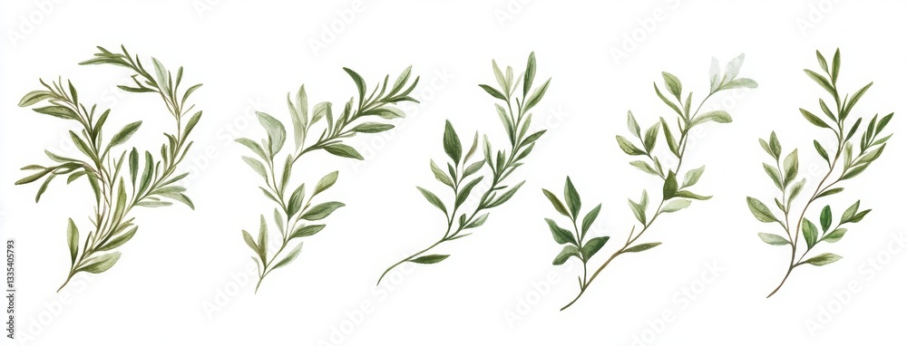 Delicate Green Branches on White Background Delicate Green Branches on White Background