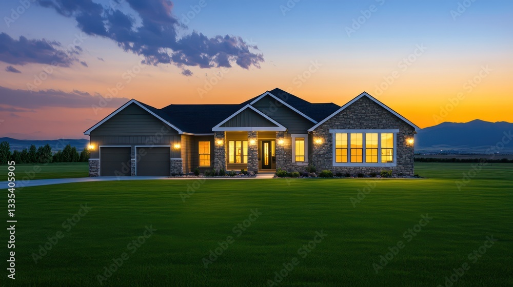 A peaceful single-story ranch-style house with stone accents and expansive windows, illuminated at night A peaceful single-story ranch-style house with stone accents and expansive windows, illuminated at night