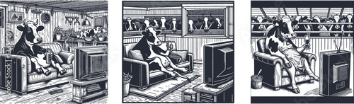Linocut: A Cow Relaxing on the Couch with a Glass in Hand, Watching TV in a Cozy Cowshed - Whimsical Farm Life Scene funny entertainment theme
