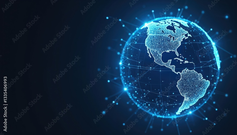 Naklejka premium Illuminated earth globe with digital connections global data networks in blue color against dark background. Worldwide business, communication, modern tech, vibrant innovation, virtual geographic