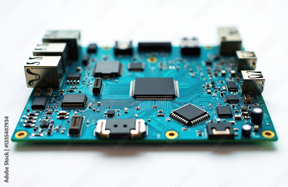 Close-up of blue circuit board featuring components. Integrated microchips, processors, capacitors, resistors. Engineering concept, digital circuitry, semiconductor technology. Modern innovation in Close-up of blue circuit board featuring components. Integrated microchips, processors, capacitors, resistors. Engineering concept, digital circuitry, semiconductor technology. Modern innovation in
