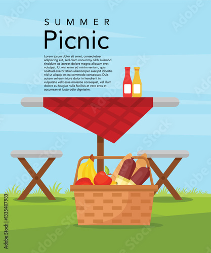 Summer picnic and picnic basket with fruits and dessert stock illustration