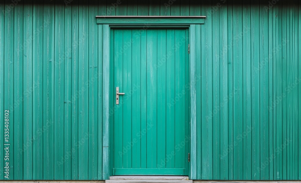 Teal-Painted Wooden Door on Exterior Wall Teal-Painted Wooden Door on Exterior Wall