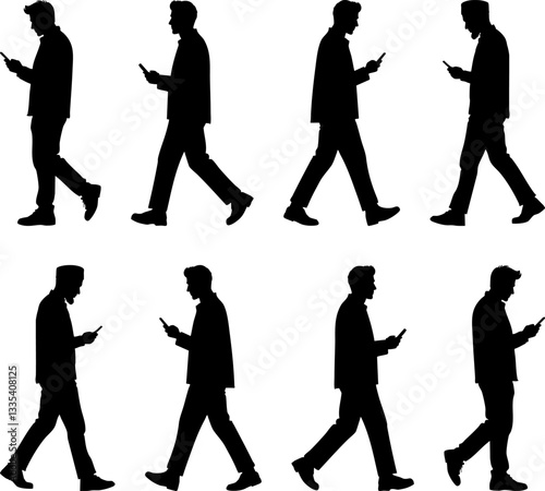 Man Walking While Looking at Mobile | Silhouette Vector Illustration
