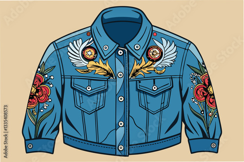Intricate vector illustration of a floral embroidered denim jacket showcasing vibrant colors and detailed patterns