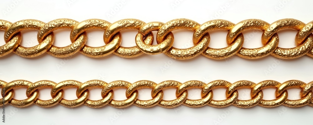 Obraz premium Close-up of seamless gold chain border. Realistic shiny golden jewelry links of different shapes. Metal elements repeating pattern. Perfect for decorative metallic frame, background, wallpaper,